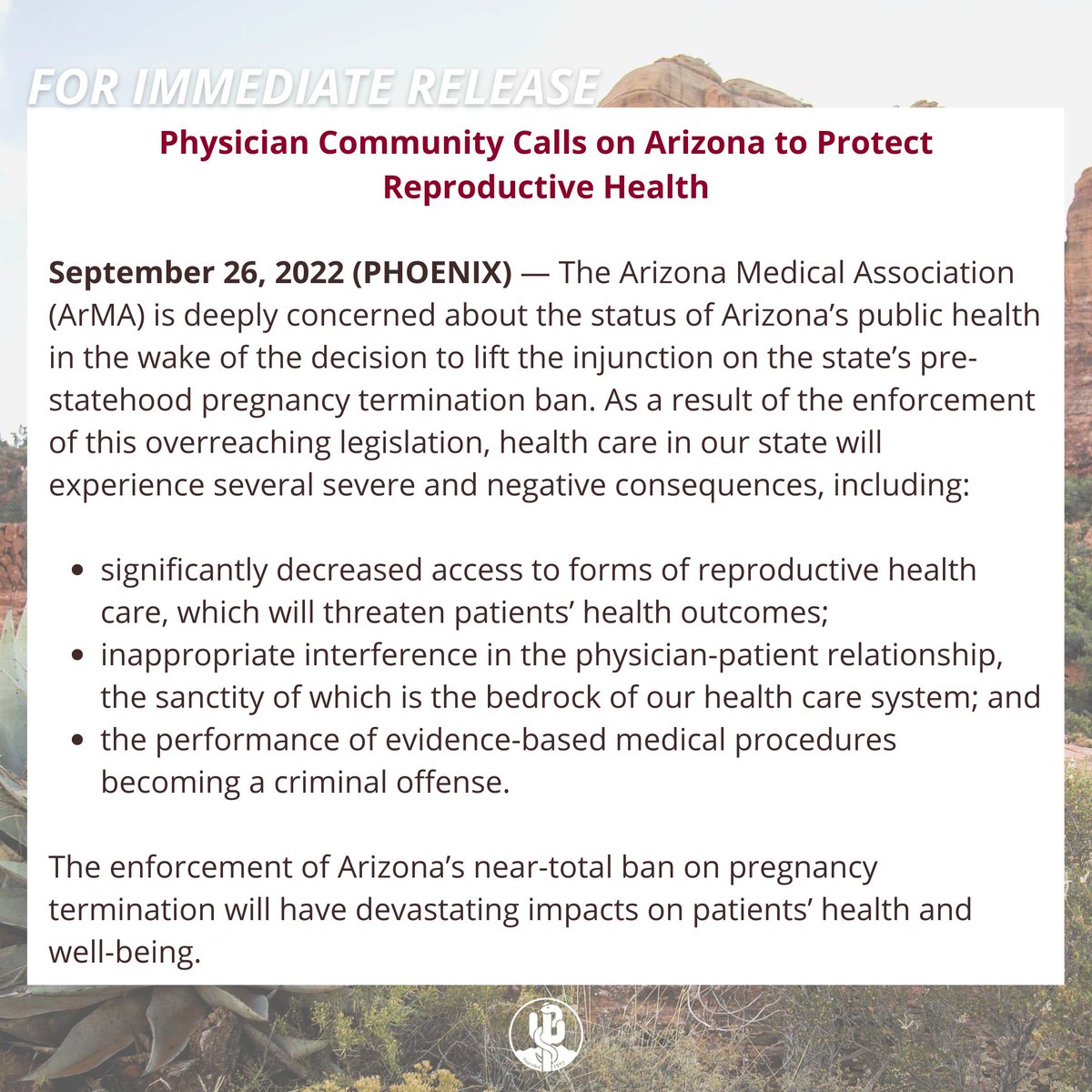 "Across Arizona and the nation at large, there is an overwhelming amount of solidarity within the health care community regarding policies on reproductive health care. Our community stands ready to provide its guidance and input on health care policy..." (1/4)