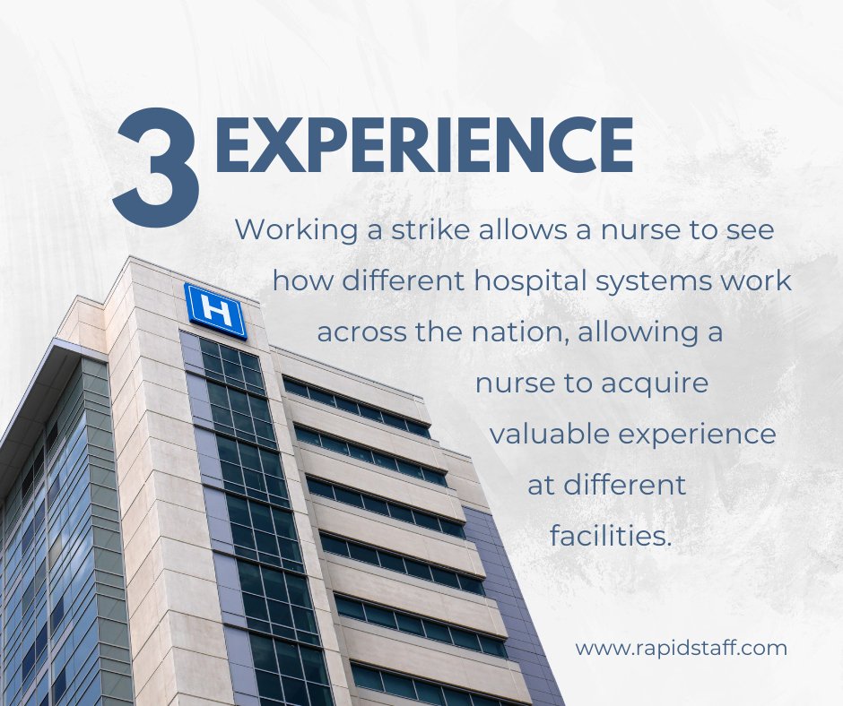 Rapid_Staff's tweet photo. There are many benefits to working a strike, swipe through to read the top 3! Interested in working a strike with RapidStaff? Apply today at https://t.co/f1zsxXgqFg
#Travelnurse #Strikenurse #TravelJobs https://t.co/CQFw9QYKc4