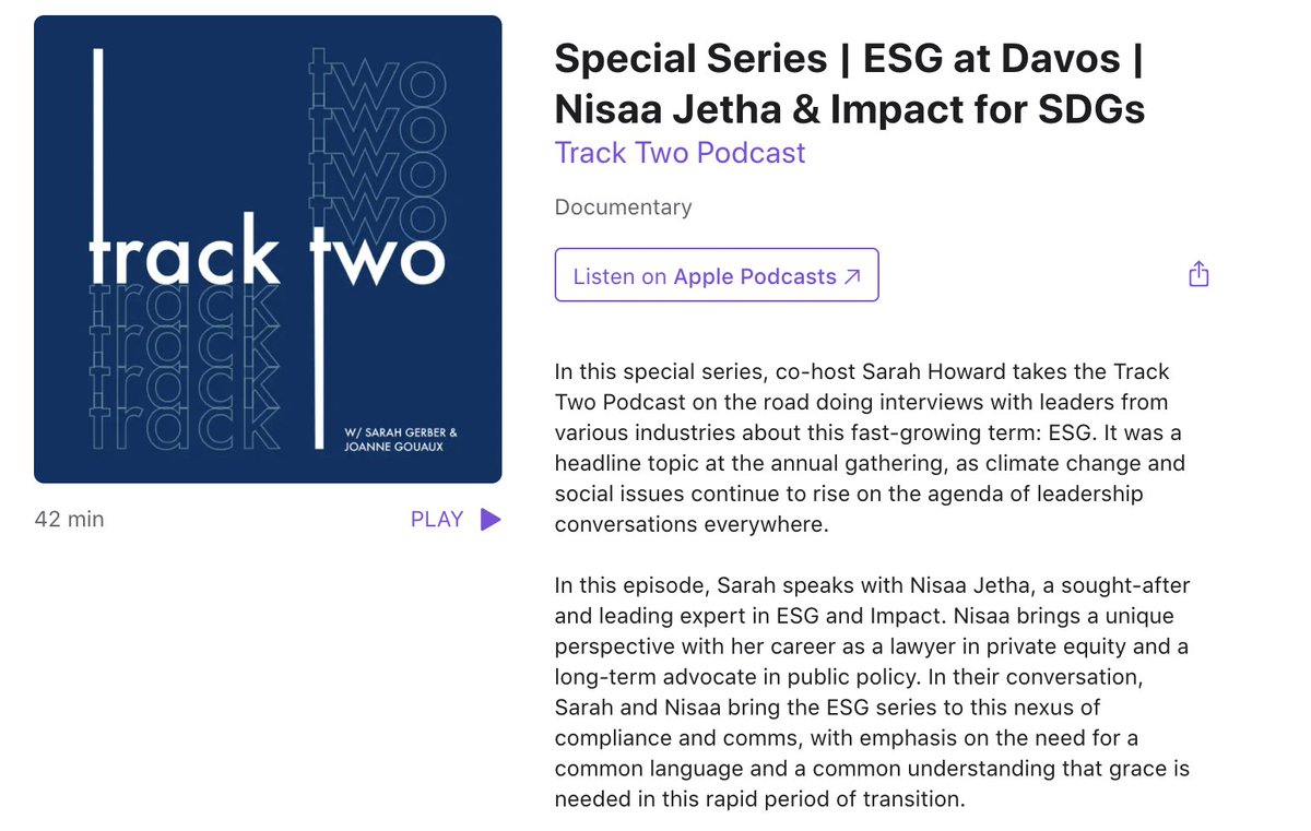 Coming off of #UNGA and #ClimateWeekNYC this latest episode on the <a href="/TrackTwoPodcast/">Track Two Podcast</a> with <a href="/NisaaJetha/">NisaaJetha</a> feels even more salient. We talk #ESG #SDGs and #Compliance, with the ever-present need for common language &amp; understanding in a rapidly changing world. apple.co/3CdNKoM