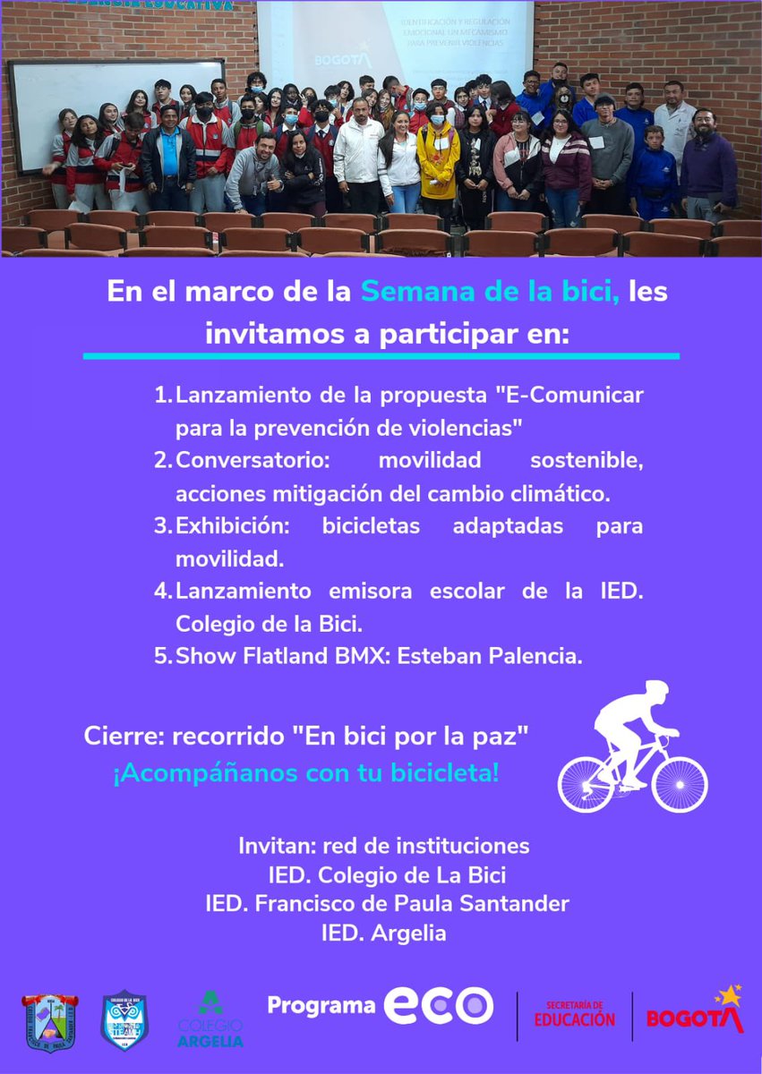 ColegiodelaBici's tweet photo. Gracias al acompañamiento de #ProgramaECO de @Educacionbogota y PAPT de @DLE7BOSA realizaremos la apertura de la emisora escolar #RadioBike del @ColegiodelaBici con el Conversatorio de movilidad sostenible y Bici-recorrido por Bosa
@UliaYemail @Educacionbogota @EdnaBonillaSeba https://t.co/gRw07YqRZ7