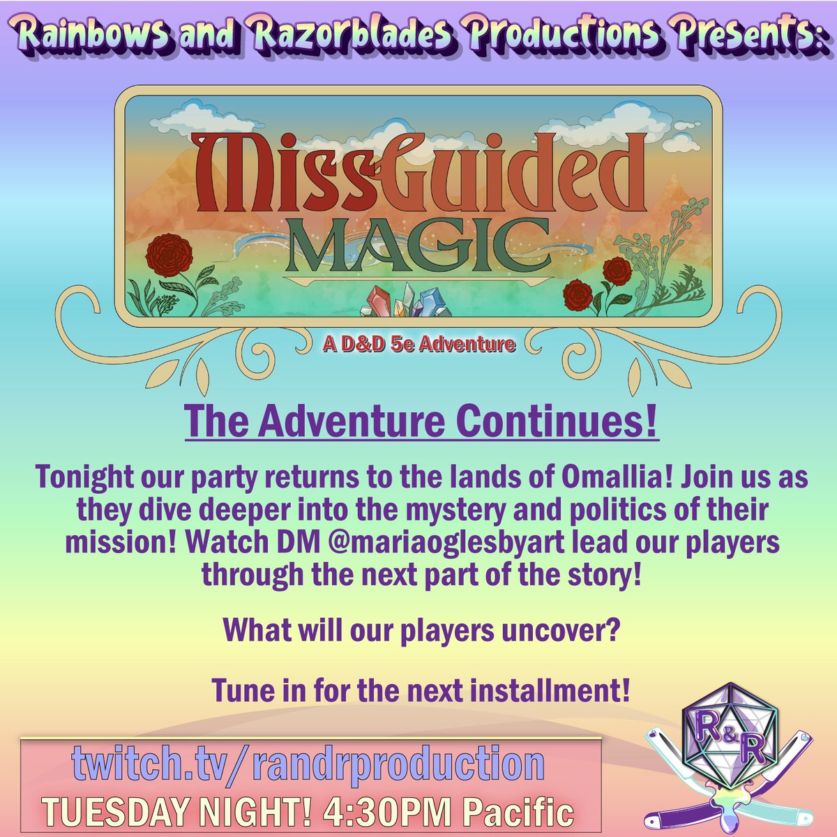TOMORROW at 4:30PM Pacific! MissGuided Magic continues! What does DM @mariaoglesbyart in this dangerous game of political intrigue? Tune in and find out!

#dnd5e #dungeonsanddragons #ttrpg #tabletopgaming #rpg #roleplaying