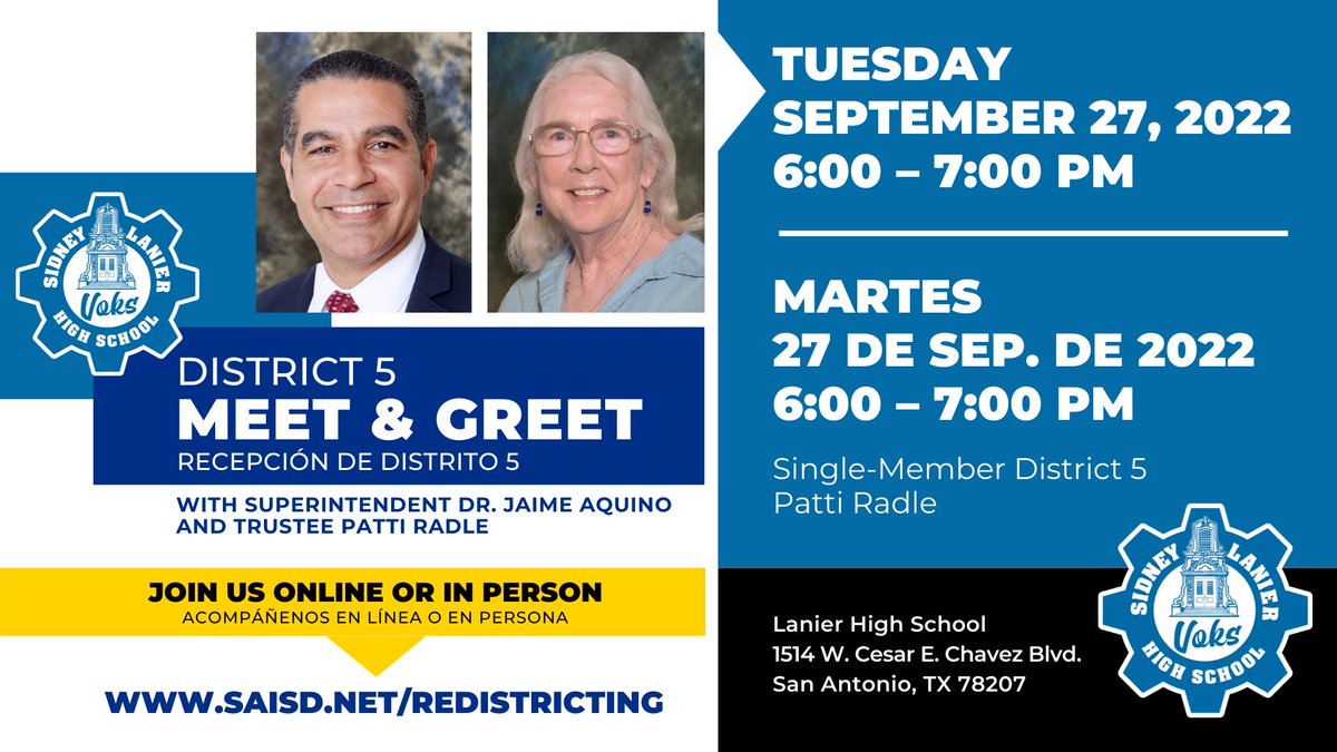 Join Trustee Patti Radle and Superintendent Dr. Jaime Aquino for a District 5 Meet and Greet tomorrow at Lanier HS at 6 p.m.
Acompañe a la Consejera Patti Radle y al Superintendente, el Dr. Jaime Aquino, para un evento de Recepción del Distrito 5 mañana en Lanier HS a las 6 p.m.