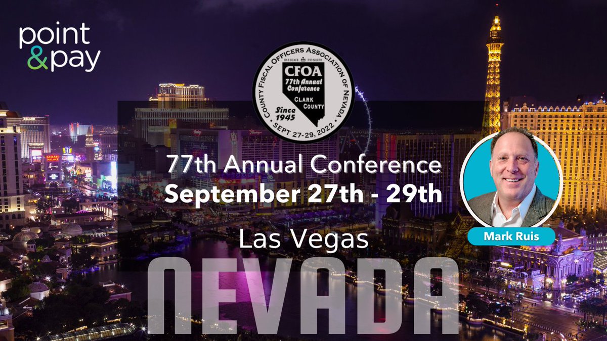 PointandPayLLC's tweet photo. We're heading to Vegas 🔆 "The Brightest City on Earth." County Fiscal Officers Association of Nevada's annual conference starts tomorrow. Stop by our booth &amp; say hello to Mark Ruis. https://t.co/y3uzBD8YTV