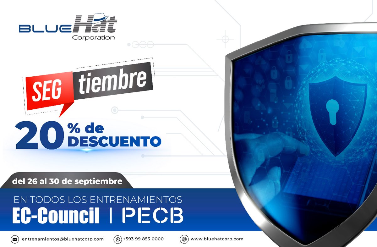 BlueHatCorp's tweet photo. Forma parte del grupo selecto de profesionales certificados y reconocidos a nivel mundial
Queremos promover el incremento de la especialización en Ecuador, con un descuento en TODOS nuestros entrenamientos de certificación internacional
Contáctanos

entrenamientos@bluehatcorp.com https://t.co/4qyknN6yMl