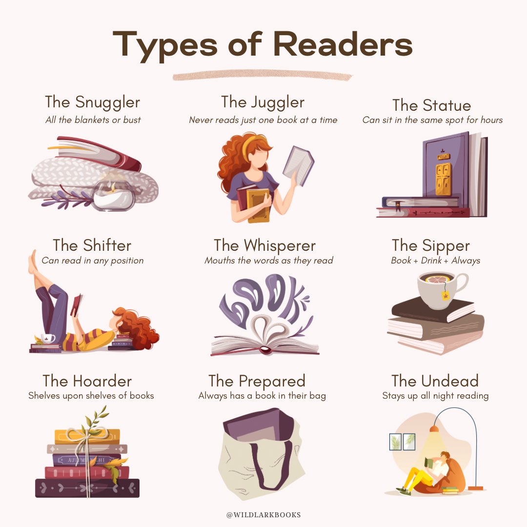 WildLarkBooks's tweet photo. Definitely a Snuggler, Sipper, Juggler. Which ones are you?
#BookTwitter #Reader #TypesofReaders https://t.co/BljRJf3ZgI