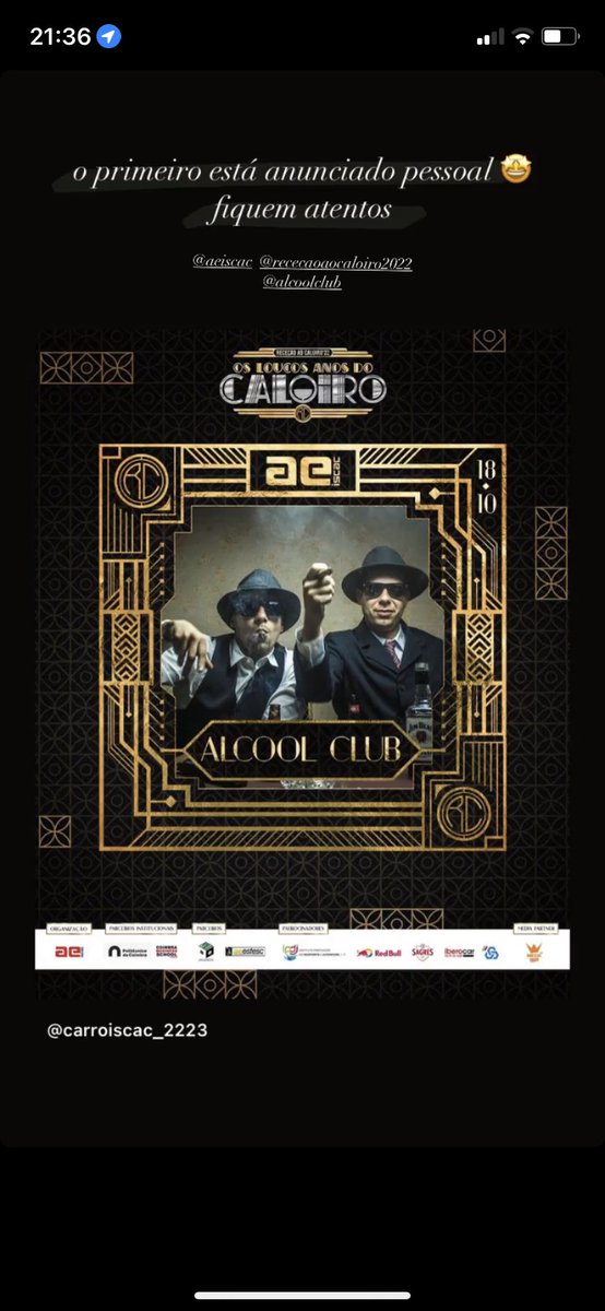 Pontapé na porta de entrada da Receção ao Caloiro 2022 só podia ser com os Álcool Club! 🍸
Conhecidos pelas suas letras genuínas e pelos instrumentais influenciados pelo jazz prometem não deixar ninguém indiferente.
Uma coisa é certa, vais querer ser o “Último a Sair”. 🥃🤩