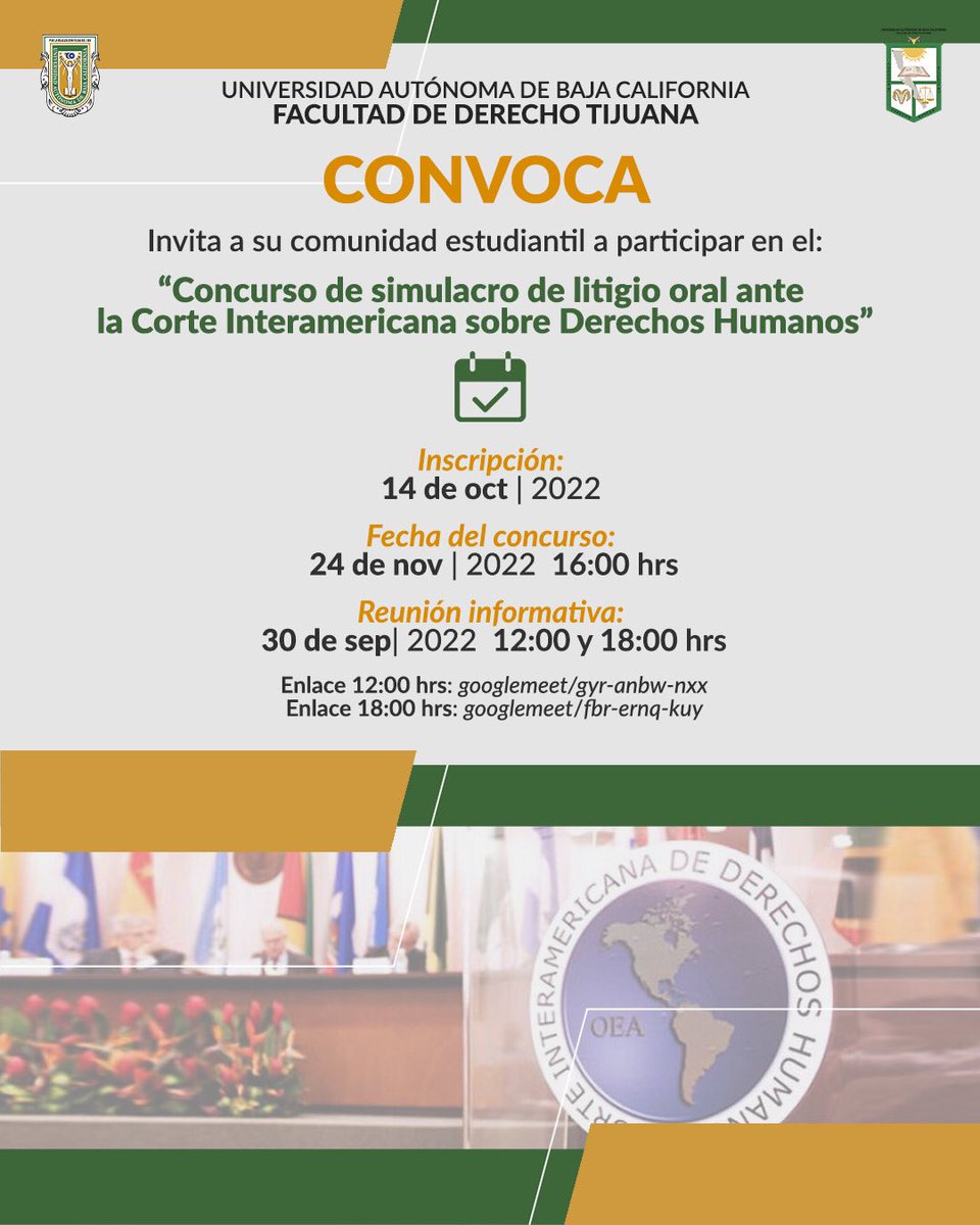 DerechoUabc's tweet photo. Oh si, regresaron los concursos. 👩🏽‍⚖️

La Facultad de Derecho Tijuana les extiende la cordial invitación a que participen en el:

“Concurso de simulacro de litigio oral ante la Corte Interamericana de Derechos Humanos”. 🌎

Tendrán hasta el 14 de octubre para inscribirse. ⏰ https://t.co/nhSfrZDrYv