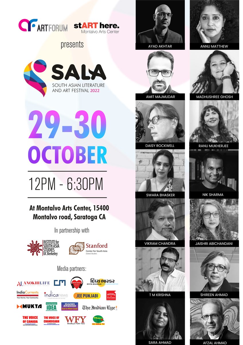 IndiasporaForum's tweet photo. The 2022 SALA Festival @artforumsf is coming to the Bay Area on the last weekend in October. It brings a curated line-up of the finest South Asian-American authors, artists, and thinkers to the San Francisco Bay Area.

Get Tickets: https://t.co/lJHHdOe5jY https://t.co/eQK0ypNegt