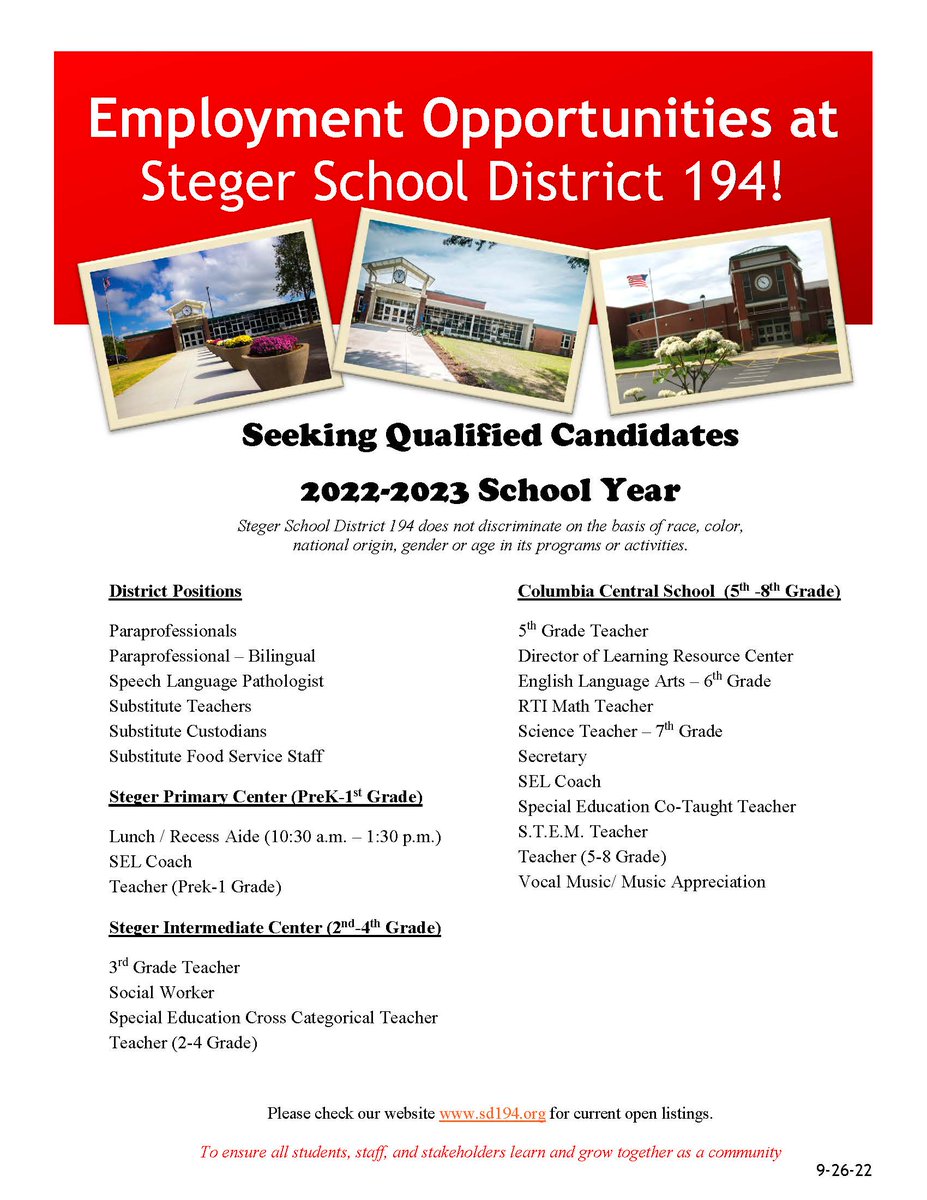 Steger School District 194 is hiring.  Come join our awesome team!
