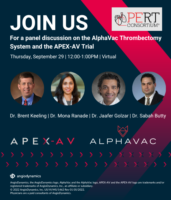 angiodynamics's tweet photo. We are excited for you to virtually join our esteemed panel at #PERT2022 featuring Drs. Brent Keeling, Mona Ranade, Jaafer Golzar, and Sabah Butty on Saturday at 12:00pm! Join us to learn more about the APEX-AV Trial and the innovative features of the #AlphaVac System. https://t.co/UPzWmtYbZr