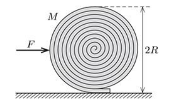 A flexible scatter rug, of mass M and length L, is tightly coiled into a cylinder of radius R (≪ L). If the coiled rug is released, in the absence of rolling friction, it spontaneously unrolls to full length.

How large is a horizontal F to prevent the unrolling of the rug?