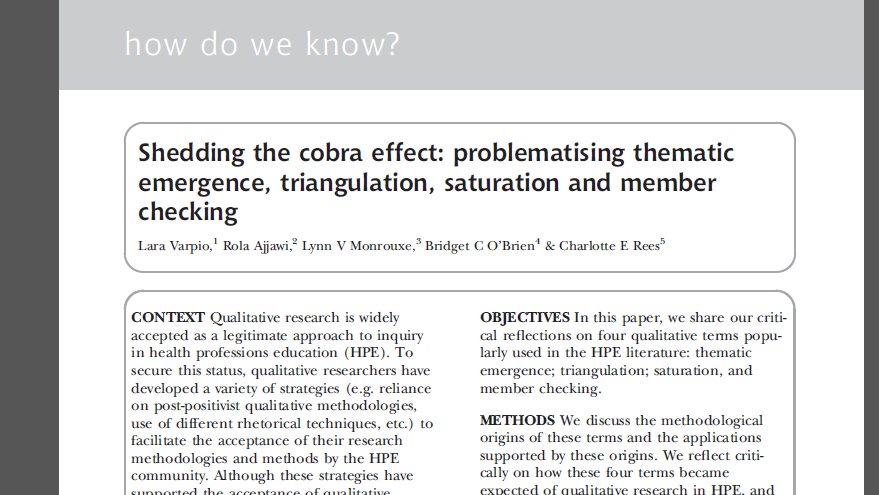 Anthony R Artino Jr (@mededdoc) on Twitter photo I just accessed this baby, after a discussion on member checking w/ our team. If u've not read this piece, u're missing out. It's a #MedEd classic by the best in the field, namely: <a href="/LaraVarpio/">Dr. Lara Varpio</a>, @r_ajjawi, <a href="/LynnMonrouxe/">Lynn Monrouxe</a>, <a href="/bobrien_15/">Bridget OBrien</a>, & @charlreessidhu...
onlinelibrary.wiley.com/doi/10.1111/me… I just accessed this baby, after a discussion on member checking w/ our team. If u've not read this piece, u're missing out. It's a #MedEd classic by the best in the field, namely: <a href="/LaraVarpio/">Dr. Lara Varpio</a>, @r_ajjawi, <a href="/LynnMonrouxe/">Lynn Monrouxe</a>, <a href="/bobrien_15/">Bridget OBrien</a>, & @charlreessidhu...
onlinelibrary.wiley.com/doi/10.1111/me…