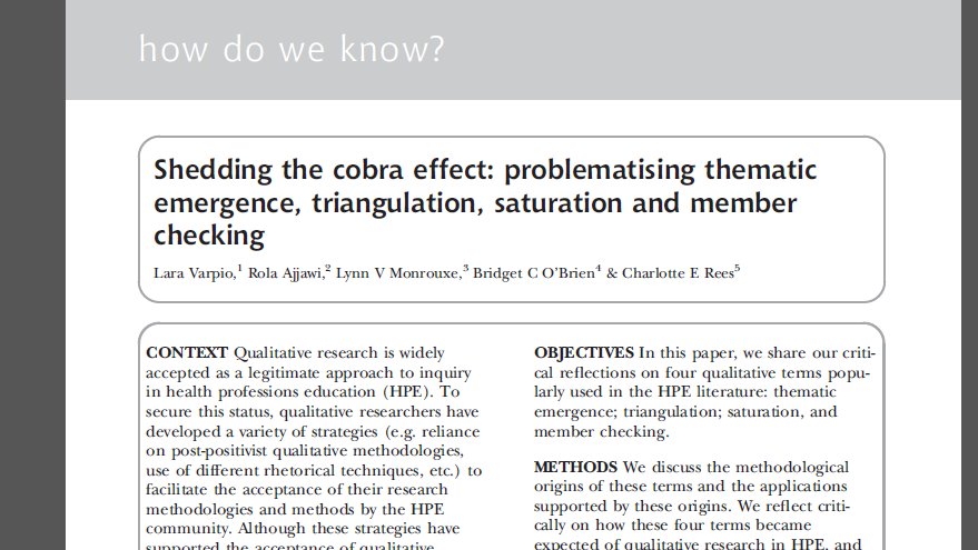 I just accessed this baby, after a discussion on member checking w/ our team. If u've not read this piece, u're missing out. It's a #MedEd classic by the best in the field, namely: @LaraVarpio, @r_ajjawi, @LynnMonrouxe, @bobrien_15, & @charlreessidhu... onlinelibrary.wiley.com/doi/10.1111/me…