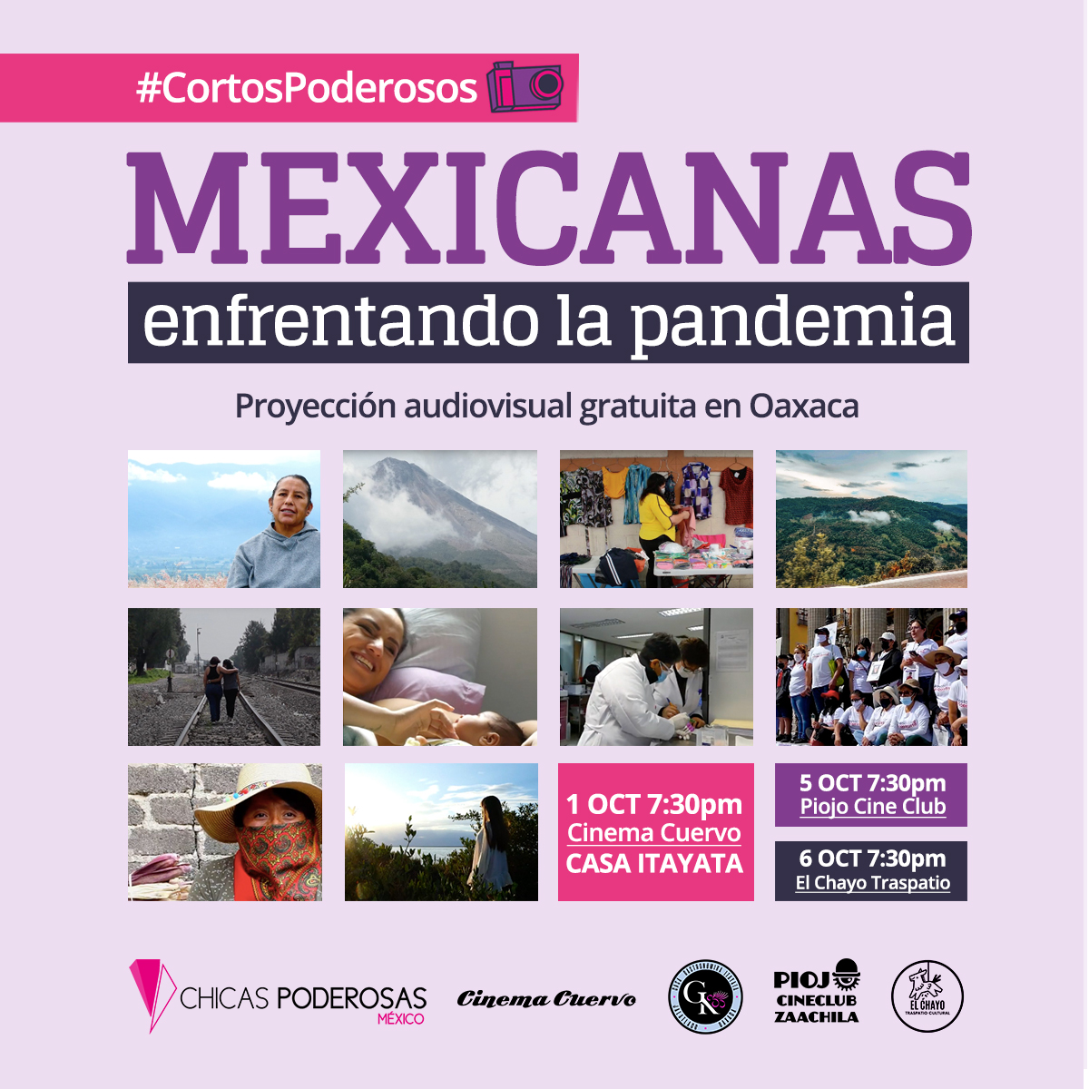 ChicaPoderosaMX's tweet photo. 😃🎉El 1, 5 y 6 de octubre proyectaremos en Oaxaca los #CortosPoderosos de #PeriodismoAudiovisual producidos en el #TechCampMX2021💜🎥Difundiremos las 10 historias de mexicanas🇲🇽 enfrentando la pandemia, incluida "Aerolito" desarrollada en Nazareno Etla por @Lumecp y @RocoPorras4 https://t.co/s1kVSKdamk