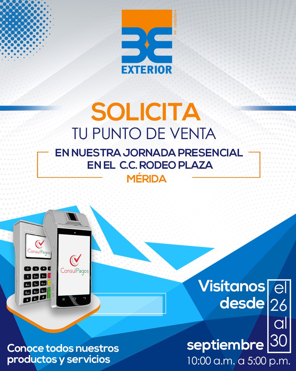 BancoExterior's tweet photo. Solicita tu punto de venta en el C.C. Rodeo Plaza, Mérida, contamos con facilidades de pago.
Acércate a nuestro stand desde el 26 al 30 de septiembre, de 10:00 a.m. a 5:00 p.m.
#BancoExterior #ConsulPagos #Negocios #PuntoDeVenta #Mérida #Venezuela https://t.co/6jPixUFEuf