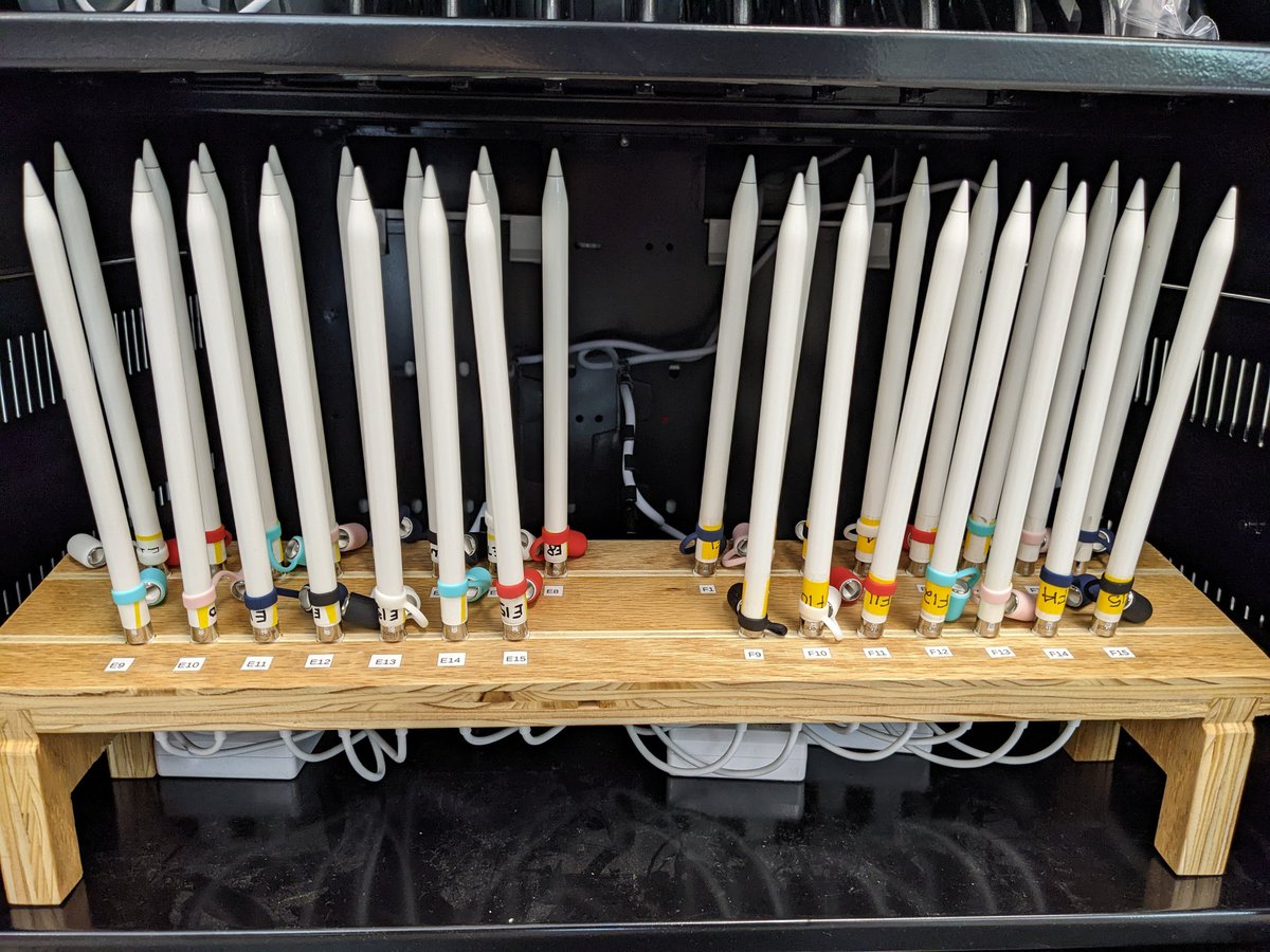 Learning to use your hands and make things is important. There is no greater feeling than having a specific need---one that can't be fulfilled by Amazon---and being able to make it yourself. In this case, we needed to dock and charge 30 Apple pencils. It's crude, but it works :)