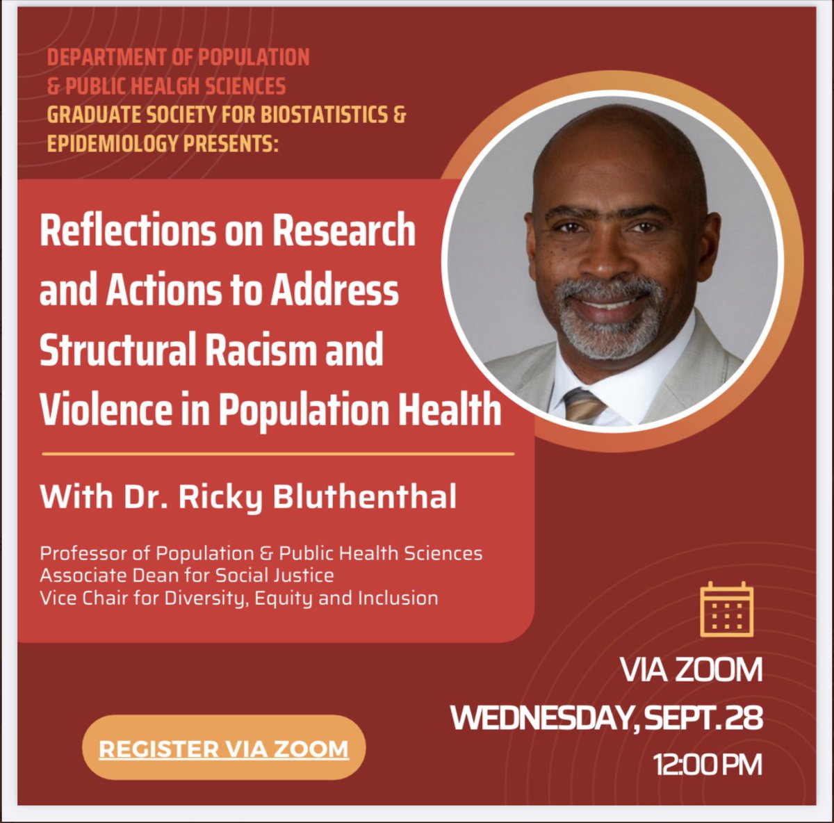 uscpphs's tweet photo. The Graduate Society of Biostatistics and Epidemiology will host a seminar led by Dr. @RNBluthenthal to examine efforts that address racism in Public Health.
Wed. Sept 28 | 12PM Register: https://t.co/n1YNc0w9ke 
#USC #publichealth #socialjustice #healthequity #publichealthschool https://t.co/FW5vHb2Vpo