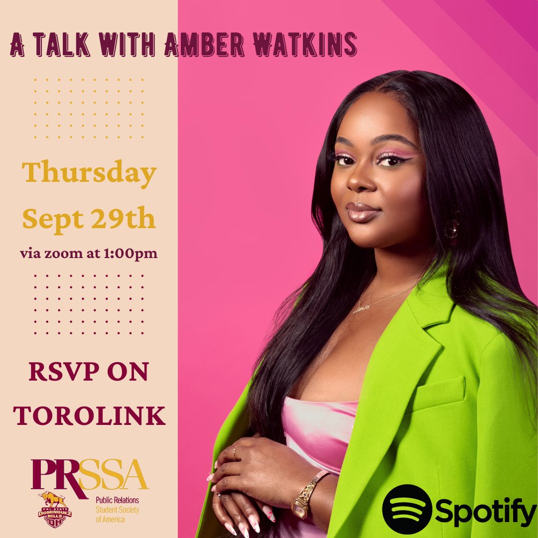 csudhprssa's tweet image. Hello everyone!
Join us Thursday, September 29th for our first guest speaker Amber Watkins! The event will be on Zoom from 1:00 to 1:30pm. - Amber is a Partner Manager at Spotify and will discuss her daily life working with them.
Remember to RSVP on ToroLink
We hope to see you :)