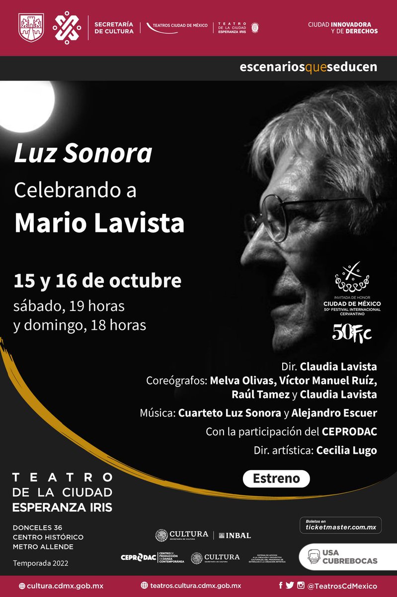 SandymoonDCS's tweet photo. Luz Sonora. Celebrando a Mario Lavista se estrenará mundialmente los días sábado 15 y domingo 16 de octubre en el Teatro de la Ciudad Esperanza Iris, así como el jueves 20 y el viernes 21 en el Teatro Juárez de la ciudad de Guanajuato  https://t.co/cJ4gz6A46v #sandymoon #rt https://t.co/GH3LD8TrLw