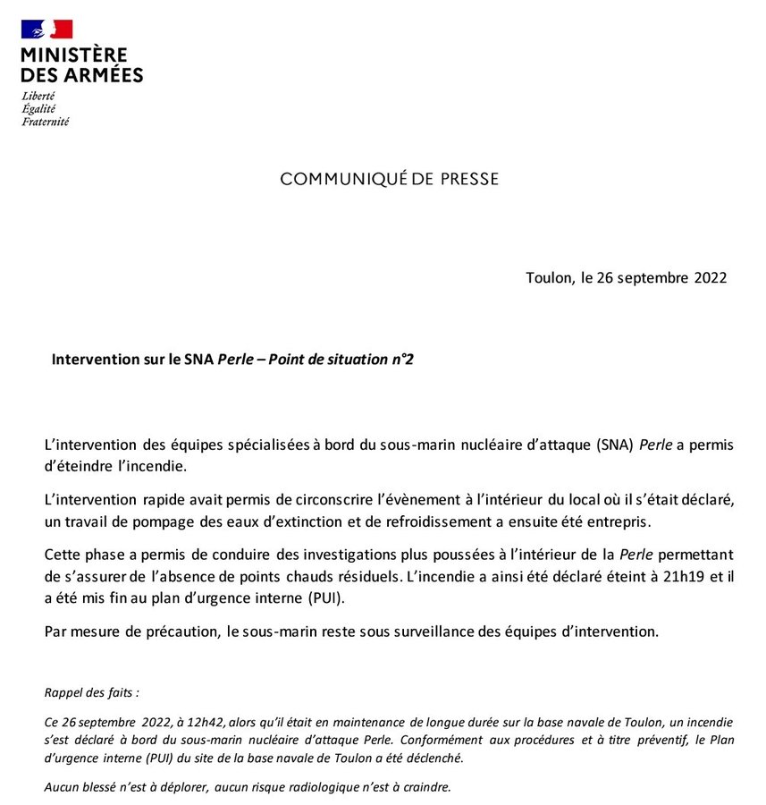 Selon la Marine, le sous-marin nucléaire Perle a été victime d'une "combustion  sans flamme" [MàJ] - Zone Militaire