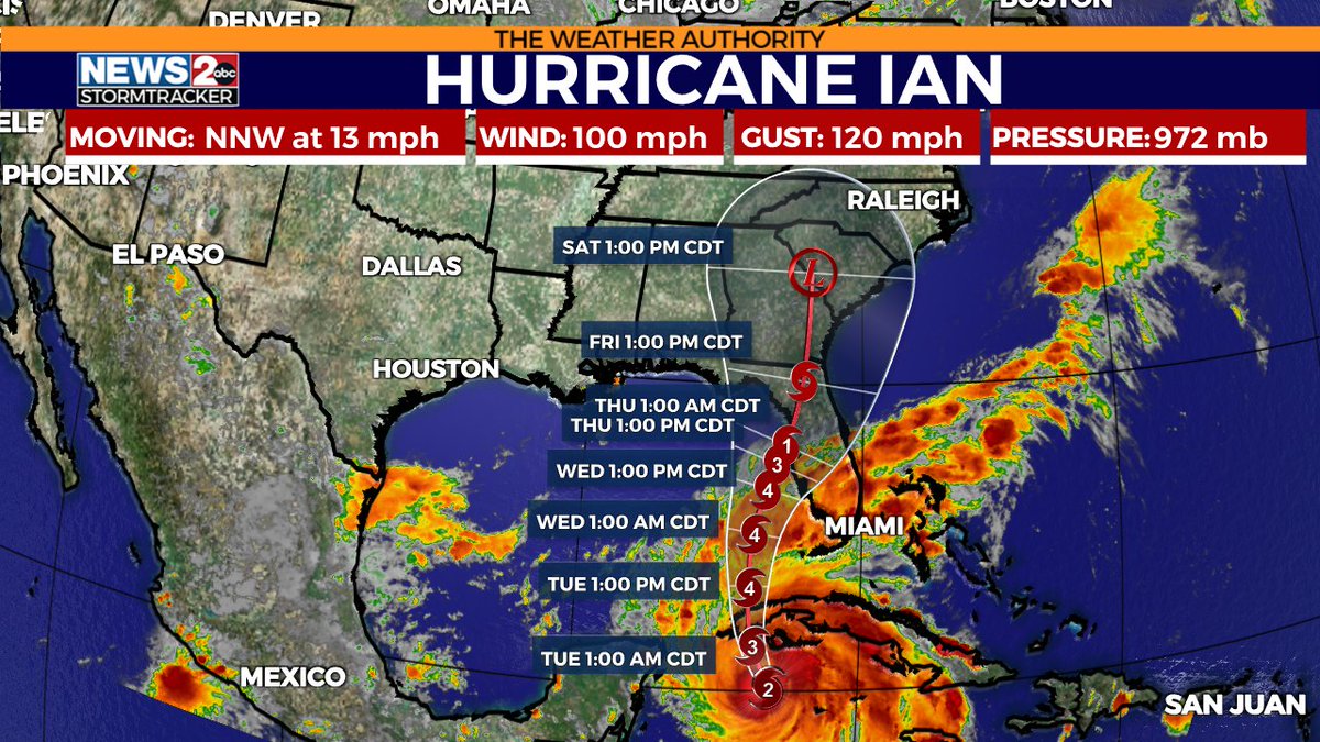 PLEASE SHARE: Hurricane Ian is now a Category 2 hurricane! It is expected to strengthen into a major hurricane by early tomorrow. The west coast of Florida needs to prepare now & we could see rain from this storm Saturday! wkrn.com/weather?utm_me…