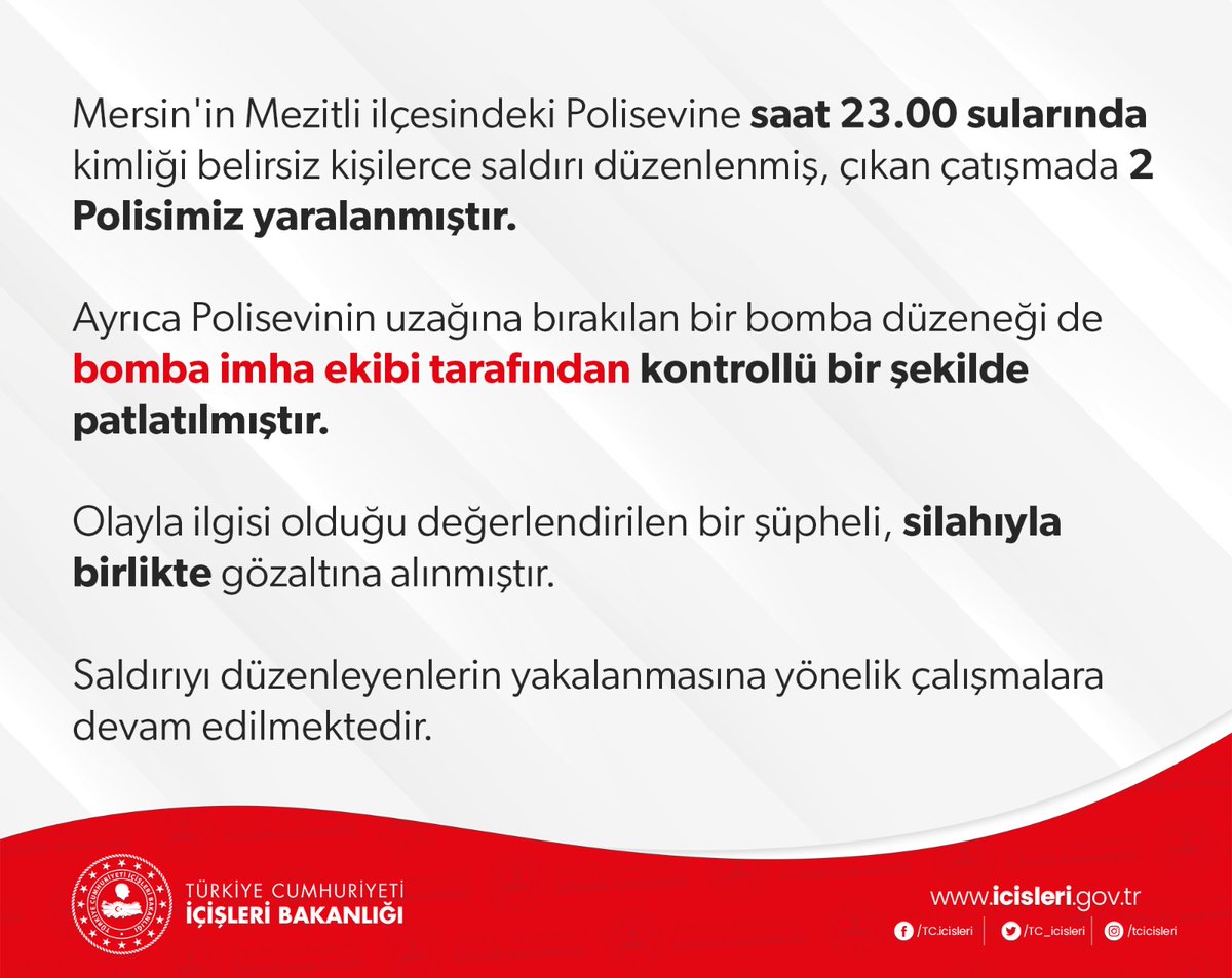 TC_icisleri's tweet photo. Mersin'in Mezitli ilçesindeki Polisevine saat 23.00 sularında kimliği belirsiz kişilerce saldırı düzenlenmiş, çıkan çatışmada 2 Polisimiz yaralanmıştır...

Gelişmeler oldukça kamuoyuna bilgi verilecektir ⬇️ https://t.co/syWkZGww0s