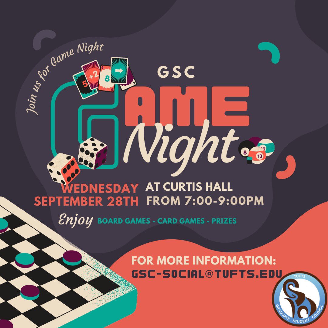 Get your game face on and join us in Curtis Multipurpose room for a game night! There will be all sorts of board games and card games (with some small prizes!) Drop by between 7:00-9:00pm on September 28th to have some fun with fellow graduate students!