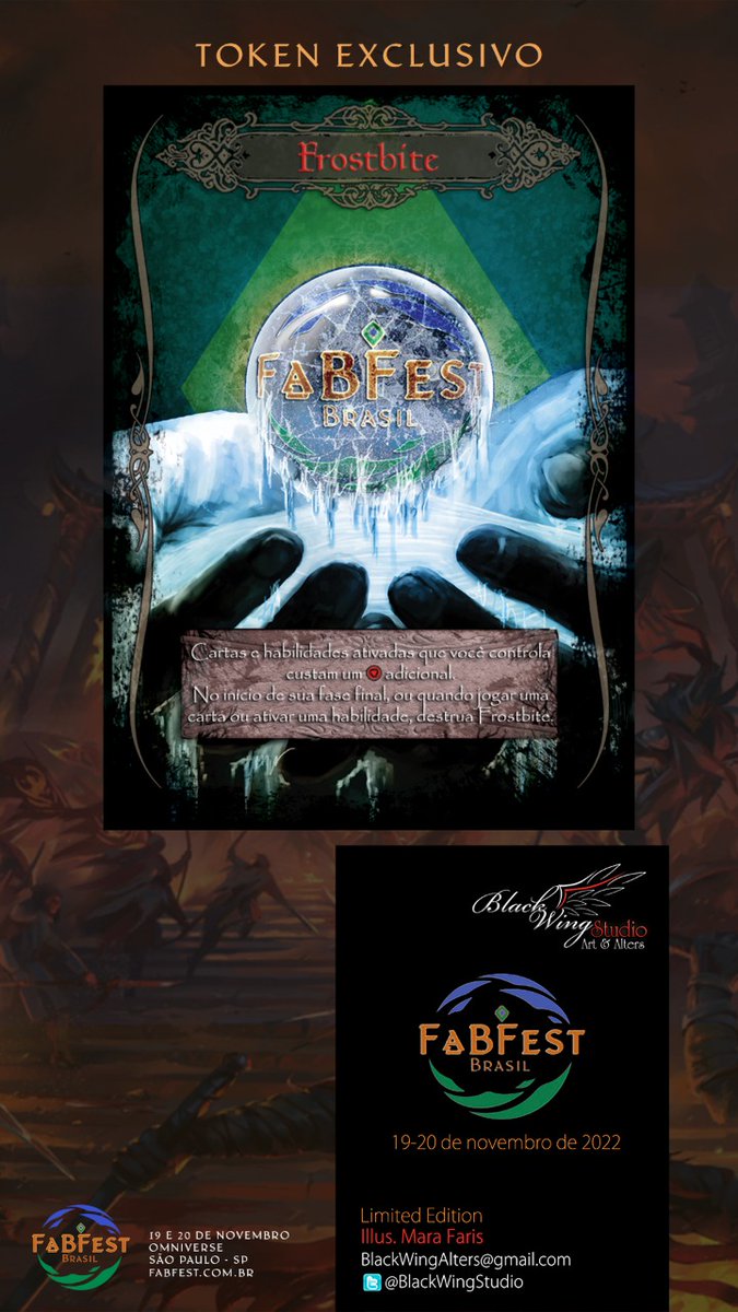 fabfestbr's tweet photo. Nosso evento terá um token exclusivo feito pela artista Mara Faris, do BlackWing Studio.

As condições para adquirir seu kit com o token serão informadas logo mais.
Saiba mais sobre o FabFest:
https://t.co/DomkLH6i3B
https://t.co/uamEiKM0Ia

#fabfest #fabtcg #fabbr #fabbrazil https://t.co/wDn77u3VF0