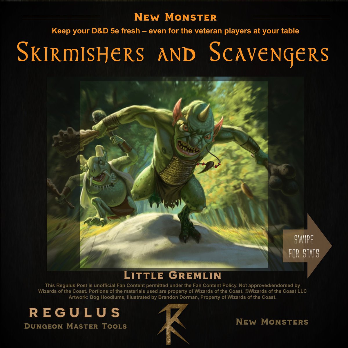 regulustweets's tweet photo. NEW MONSTER // At just 2hp, how tough could a swarm of goblin gremlins be to deal with?
Find out over at Instagram - statblock here https://t.co/SJg7B76xSJ
#dnd #dnd5e #ttrpg #rpg #regulusabilities #dndmonsters #dndhomebrew #dungeonmaster #monsterstats #dmtips #gamedesigner https://t.co/e5dBYVXqVl