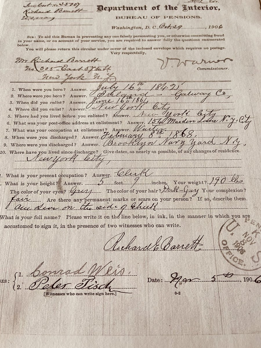 AbbeygateStreet's tweet photo. @CWBluejackets recently retrieved pension records of a great grand uncle Lndsmn Richard E Barrett native of Co. Galway who served in the Union Navy from 1864-1868. After he served in the US Infantry and Cavalry. Saw action in the Blockade on the Niphon and Newberne and in China. https://t.co/1x8XdIImA7