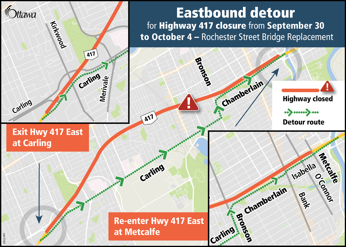 ottawacity's tweet photo. ICYMI:
Significant traffic impacts are expected due to the Highway 417 closure between Metcalfe St. and Carling/Kirkwood Ave. starting September 30 at 8 pm until October 4 at 6 am for bridge replacement over Rochester St.
See eastbound &amp; westbound detours: https://t.co/KI9wTks6y3 https://t.co/6dqg84Vywf