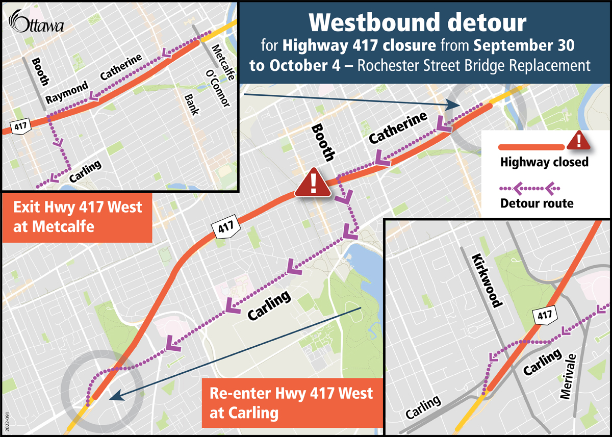 ottawacity's tweet photo. ICYMI:
Significant traffic impacts are expected due to the Highway 417 closure between Metcalfe St. and Carling/Kirkwood Ave. starting September 30 at 8 pm until October 4 at 6 am for bridge replacement over Rochester St.
See eastbound &amp; westbound detours: https://t.co/KI9wTks6y3 https://t.co/6dqg84Vywf