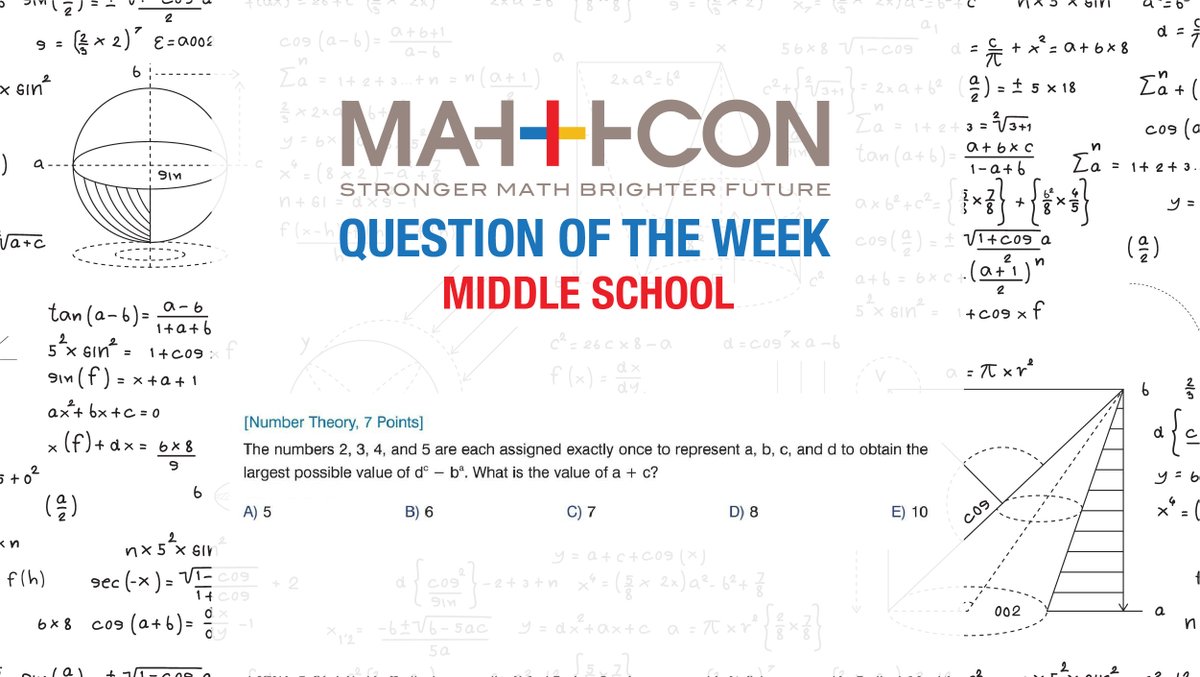 MathCON's tweet image. MathCON's Problem of the Week is officially back! 😀👏🔥 For more practice problems or to learn more about us click the link below! mathcon.org/weekly-practic…
#mathcon #math #problemoftheweek #algebra #numbertheory #combinatorics