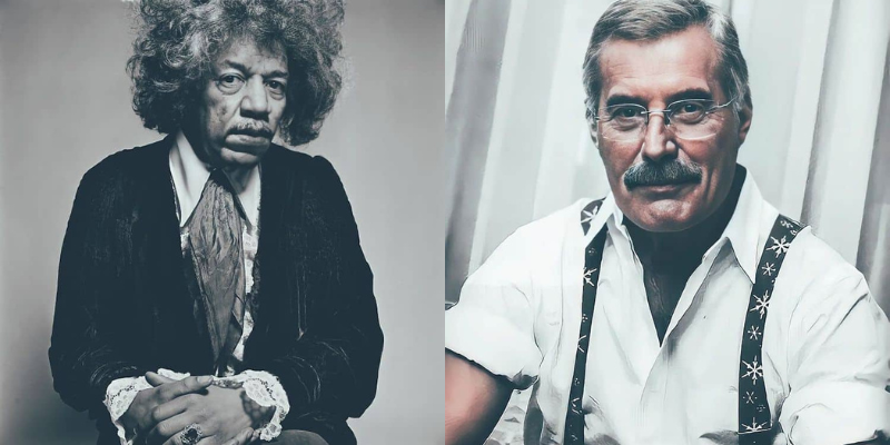 loolek's tweet photo. AI-generated portraits of Jimi Hendrix (left) and Freddy Mercury (right). Show how they might look if they'd aged. 

Images via generative artist Alper Yesiltas.

https://t.co/FUIHbbuQSZ https://t.co/neQce3DPyp
