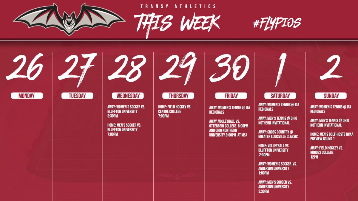 More of our fall teams start conference play this week! Meanwhile, @transygolf will get a preview for the NCAA Championship that we'll host in the spring. Let's go! #flypios🦇