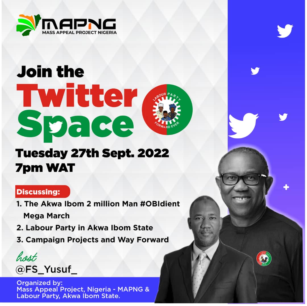 Join the conversation tomorrow at 7.00PM (WAT). Click the link. 
x.com/i/spaces/1yNxa…

<a href="/FS_Yusuf_/">FS Yusuf</a> <a href="/paeyakdpeople/">EyakndueAkpan</a> <a href="/IkakkeBassey/">Ikakke Bassey, amt, MryP</a> <a href="/MmantiUmoh/">Mmanti</a> <a href="/OfficialEkanem/">Ekanem</a> <a href="/nature_udoh/">Nature Udoh</a> <a href="/morphysampson/">Emmanuel Sampson</a> <a href="/Lin_charles12/">Lincoln Charles</a> <a href="/EfioItaNyok/">Efio-Ita Nyok Ph.D</a> <a href="/MissPearls/">Pearls</a> <a href="/BiggVin/">Vin Otti.(Engr)</a> <a href="/MfonMkpong/">Mfon Mkpong Nze</a> <a href="/appealprojectng/">Mass Appeal Project Nigeria</a> <a href="/OmoriOmoriE/">Omori, Omori E.</a>