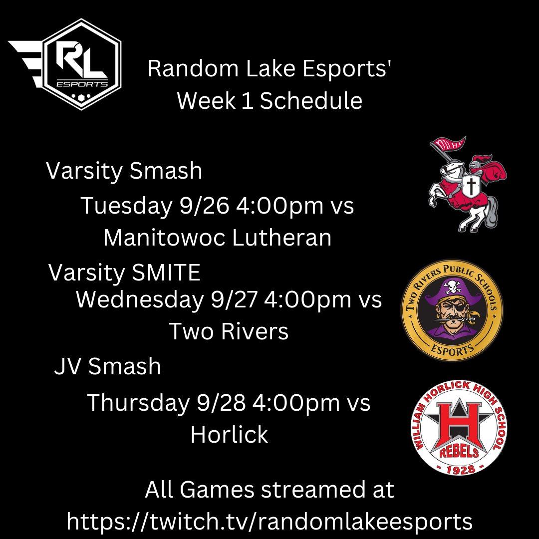 RLEsports2's tweet photo. Check out our first week schedule.  All our games are streamed at https://t.co/zwuFuzRjsh and start at 4pm.  #ssbu #RLAdvantage #RLRams #SmiteGame @SmitePro @SMITEGame @NintendoAmerica https://t.co/9KyzZnwP51