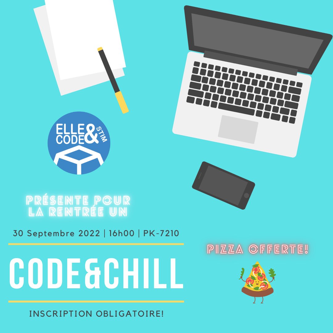 Après un bel été, c'est le temps de se retrouver et de passer du bon temps: viens coder, chiller ou un mélange des deux avec nous (a.k.a en bonne compagnie)! 🍕💻🤓

Quand : 30 septembre 2022 à partir de 16h00
Où : PK-7210

Inscription par ici: 📝
docs.google.com/forms/d/1EOjOW…