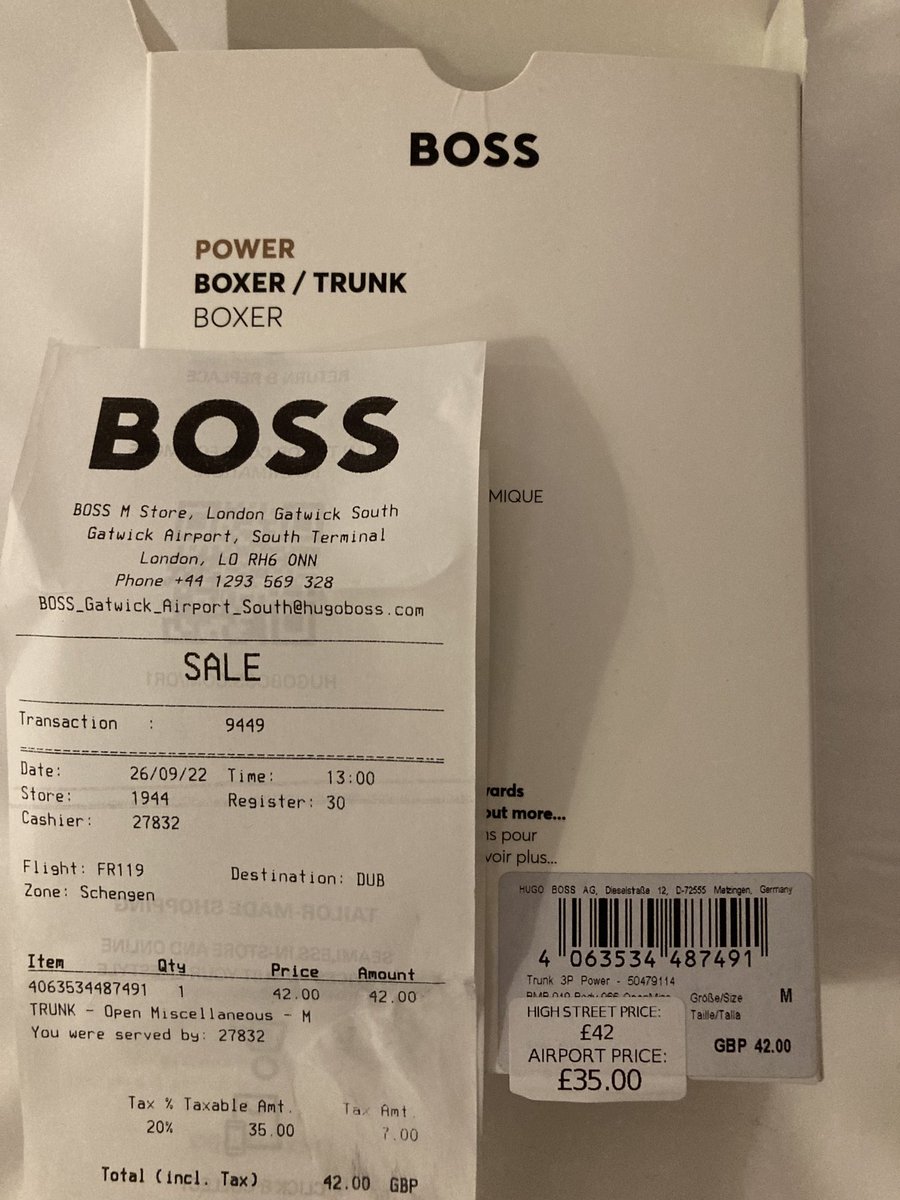 michaelbayston's tweet photo. ⁦@HUGOBOSS⁩ I purchased this product in your Gatwick airport south terminal store today and just realised that your sales person charged me the full high street price £42 not the airport price £35. How do I go about getting a refund please? Thanks https://t.co/sDyZDQ2Bp9