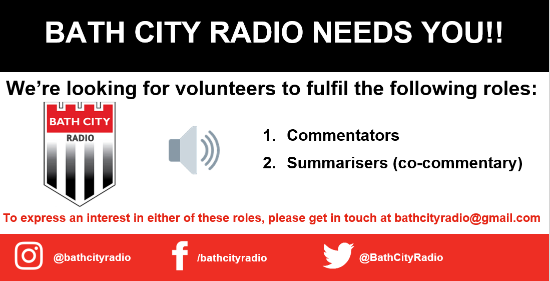 BathCityRadio's tweet photo. 🚨Are you interested in becoming a football commentator? 🚨

We're looking for more volunteers to join our team &amp; cover @BathCity_FC first team matches.

Experience desired but not required.

To see some of our work, check out the club's youtube channel ➡️ https://t.co/36ZVdEvWYt https://t.co/57CH7pfF8l