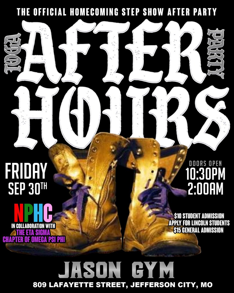Eta Sigma and <a href="/MizzouQues/">STEPPIN’ EΔ 🐶</a> will be stepping at the Lincoln University Homecoming Stepshow. ⚡️

Following the show, will be the After Hours “TOGA” edition. You don’t wanna miss outs. 

LINK IN BIO 🐶 #TOGA #TOGA #TOGA