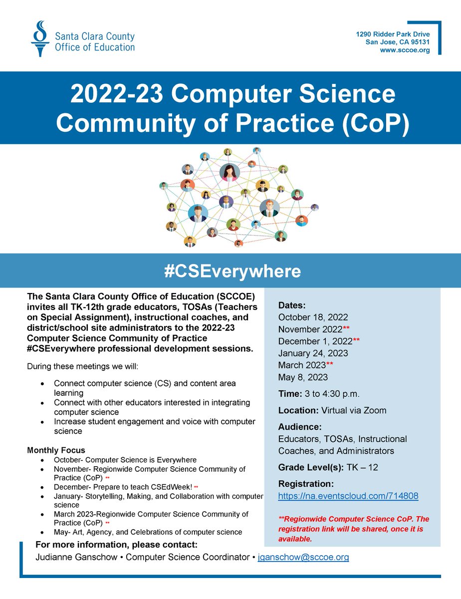 Judianne Ganschow (@judianneteach) on Twitter photo The Kickoff for the 2022-23 Computer Science Community of Practice is coming soon! Our CS is Everywhere theme starts on 10/18 featuring connecting CS to every subject, culturally responsive pedagogy and unplugged activities. #CSforAll #CSforCA sccoe.to/CS_CoP22_23 The Kickoff for the 2022-23 Computer Science Community of Practice is coming soon! Our CS is Everywhere theme starts on 10/18 featuring connecting CS to every subject, culturally responsive pedagogy and unplugged activities. #CSforAll #CSforCA sccoe.to/CS_CoP22_23
