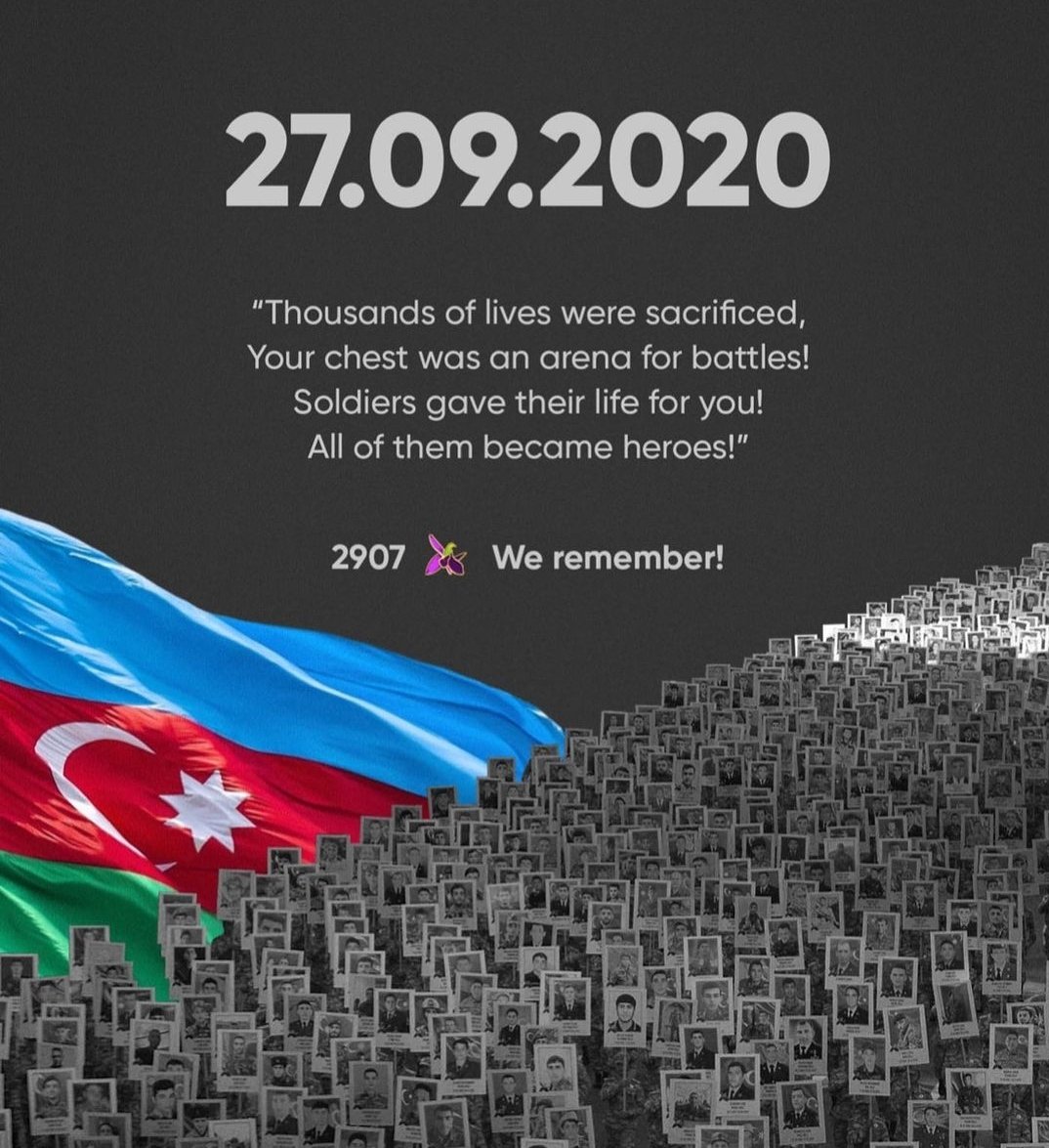 27.9.20Bəzi başlanğıcların, yarımçıq qalmış xatirələrin yarandığı 1 tarix, baxmayaraq ki, bugünü Anım, 10 noyabrı isə Zəfər günü olaraq qeyd edirik, mahiyyət etibarilə  44 gün eyni ziddiyyət dolu hisləri yaşamışıq. Yəni bu nə Matəm səsi, nə də ki Zəfər nidasıdır. 1də yaşamayaq..