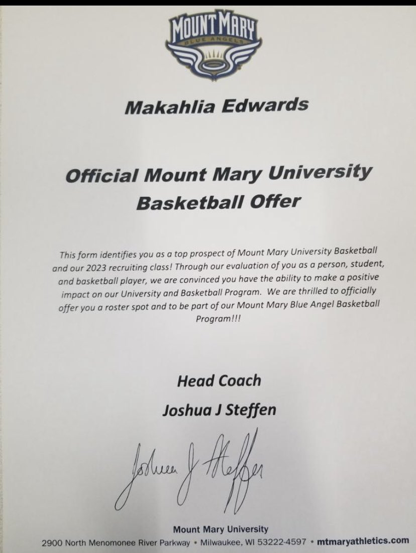 Makahliaa3's tweet photo. After a great conversation with @CoachSteffenMMU, I’m blessed to receive a offer from Mount Mary University! 💙🤍 #GoBlueAngels @ArlMartinGBB @73LeoEvents @BIQEliteBball https://t.co/lVwtIOpNTm