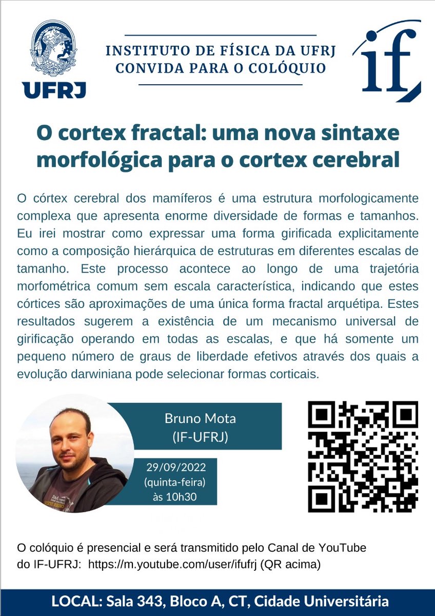 metaBIOlab's tweet photo. Nesta quinta-feira o Bruno Mota apresenta o colóquio do Instituto de Física da UFRJ nesta quinta-feira às 10:30. O evento será híbrido e pode ser acompanhado ao vivo pelo canal do YouTube do IF-UFRJ (https://t.co/Be66HcQ9ph) https://t.co/zUUwETuMhT