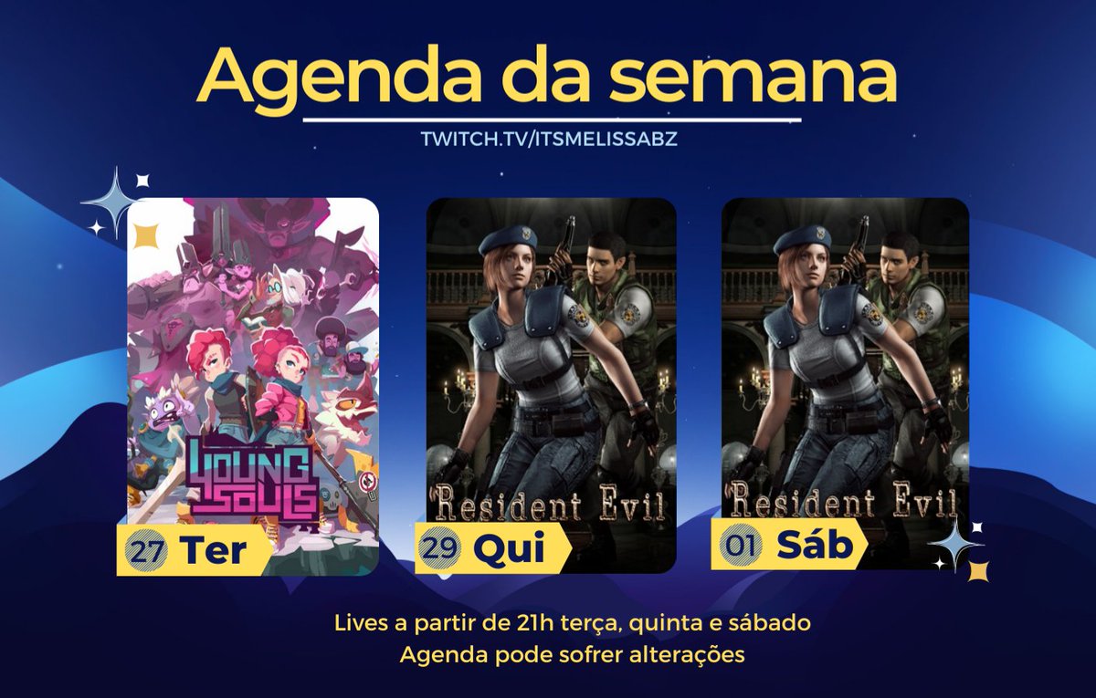 itsmelissabz's tweet photo. ‼ AGENDA DA SEMANA ‼
Preparados?
Terça: O retorno dos gêmeos
Quinta/sábado: 1a vez jogando um RE
👉🏻 https://t.co/qMYXgM67fs 👈🏻
Te vejo lá! 😌
#twitch #twitchstreamer #Live #ResidentEvil #ScheduleOfTheWeek https://t.co/oFVmwckEJY