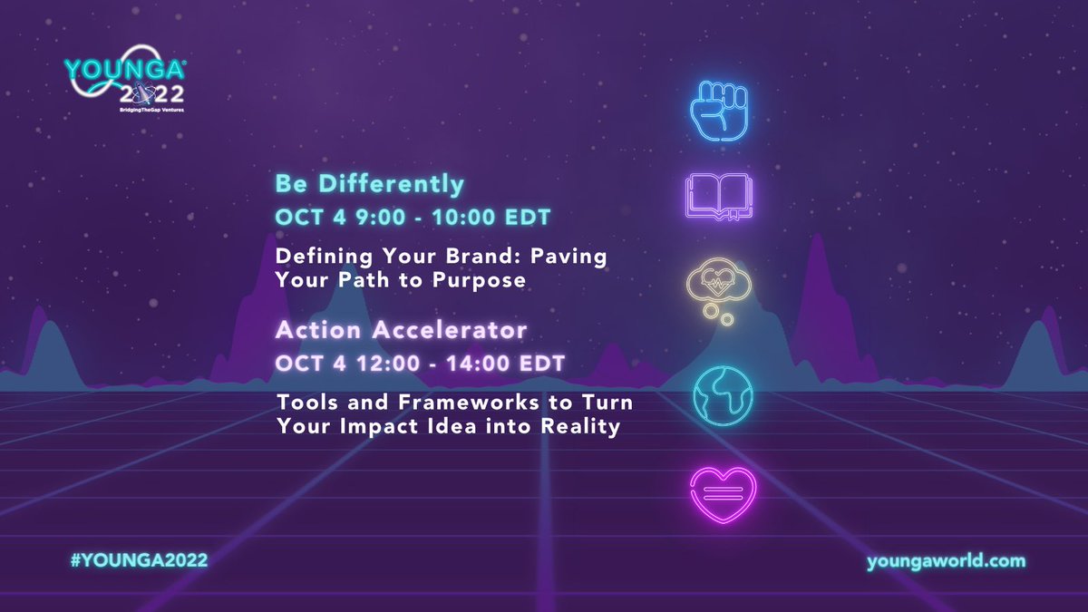 BridgingTheGapX's tweet photo. The second week of #YOUNGA2022 will be devoted to pathways for action and will begin on October 4 with these sessions 👇
#2030Agenda #YouthEmpowerment #leadershipdevelopment #creativityskill #SDGs #BetterFuture #FutureLeaders #SocialChangemakers https://t.co/L6Sz2l1D8S