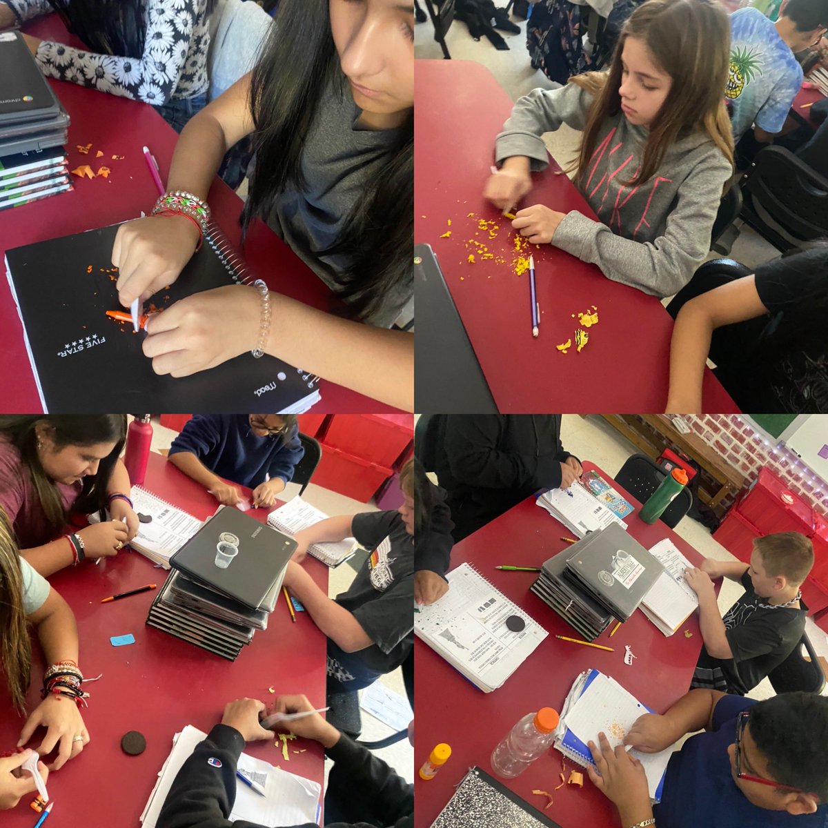 kaseybwood's tweet photo. We used @Crayola crayons to model the weathering, erosion, &amp; deposition (building strata) of igneous rocks. Our sediments will be used later this week to model compaction and cementation. @AlbertvilleAIS #ItsHowWeRoll #LiveIn35 #FortheA #KeepSwinging #TheBatteryWithMrsWood https://t.co/DsDHk6aEiu